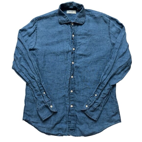 Boggi Milano Shirt Mens Size L Long Sleeve Button 100% Linen Custom Fit Blue - Picture 1 of 6